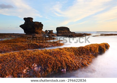 When the water dropped to seeing orange or red algae on the Melasti beach at sunset in bali indonesia