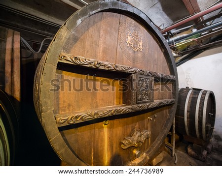 RIQUEWIHR, FRANCE - DECEMBER 12, 2014: The world's oldest wine barrel according to the Guinness book of world records, at Domaine Hugel & Fils in Alsace.