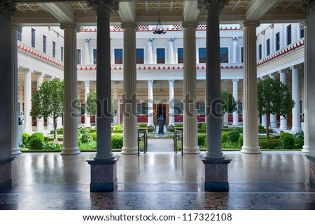 LOS ANGELES, USA - OCTOBER 4: The famous Getty Villa on October 4, 2009 in Los Angeles. The design of the Getty Villa was inspired by ancient blueprints of the Villa of the Papyri at Herculaneum.
