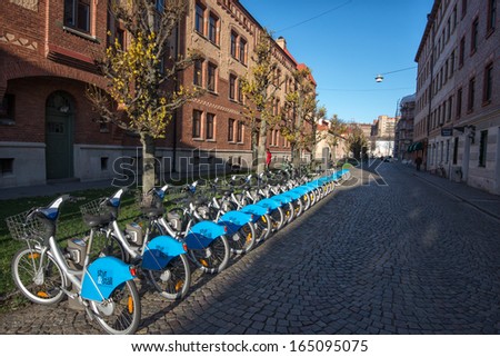 GOTHENBURG, SWEDEN - NOVEMBER 17: Styr and Stall bike sharing system station on November 17, 2013 in Gothenburg. The bike sharing system has more than 50 stations and 600 bikes in Gothenburg.