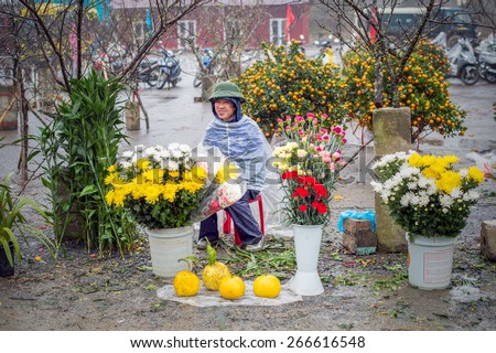 SAPA, VIETNAM FEBRUARY 13: Vietnamese man sells flowers at a market on February 13, 2015 in Sapa. Sapa is famous for its rugged scenery and its cultural diversity.