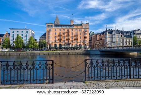 NORRKOPING, SWEDEN - AUGUST 4: Grand Hotel and Motala river on August 4, 2015 in Norrkoping. Grand Hotel is one of the most fashionable hotels in Norrkoping.