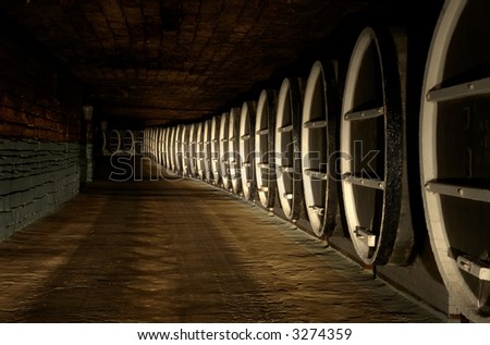 Barrels stock in cellar of winery