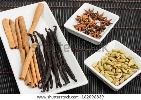 Vanilla pods, cinnamon stick, cardamom and star anise
