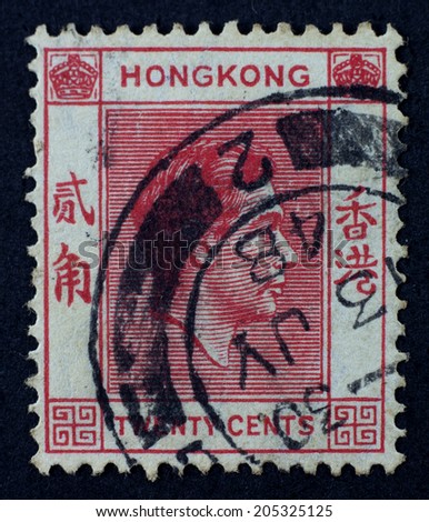 HONG KONG - CIRCA 1953: A stamp printed in Hong Kong shows image of King George VI,TWENTY CENT, circa 1953.