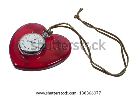 Stopwatch and red heart on leather cord - path included