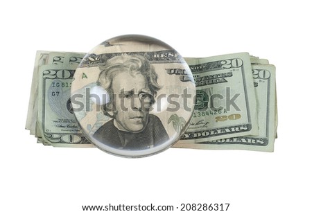 Money in the form of many large bills with a glass bulb inflating the image - path included