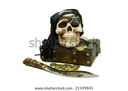 Pirate Skull with eye sockets and teeth with gold and other booty, Large hunting knife made of metal and wood, Skull with eye sockets and teeth, an old cases for storing items