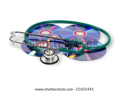 Medical stethoscope used to listen to heart beats, and a couple of purple dvds with red interiors