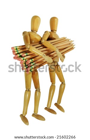 Teamwork is working together for a common goal, Wooden models representing persons carrying a bundle of pencils