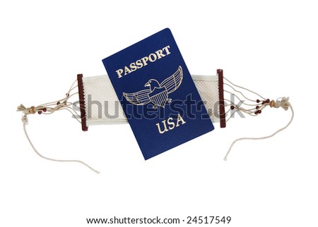 Hammock which is traditionally strung between two solid object used for laying and lounging on in leisure and a blue passport needed when traveling between borders