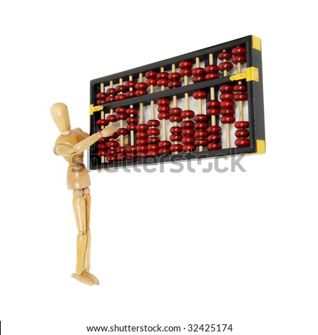 Abacus counting system with beads and posts held by a wooden model who is using it for adding up the numbers - path included