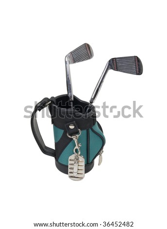 Military games shown by dog tags used as an identifier in lieu of cards hanging off of golf bag with clubs - path included