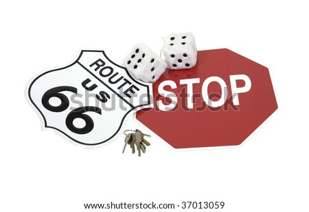 Road trip shown by road signs, fuzzy dice and a set of keys - path included