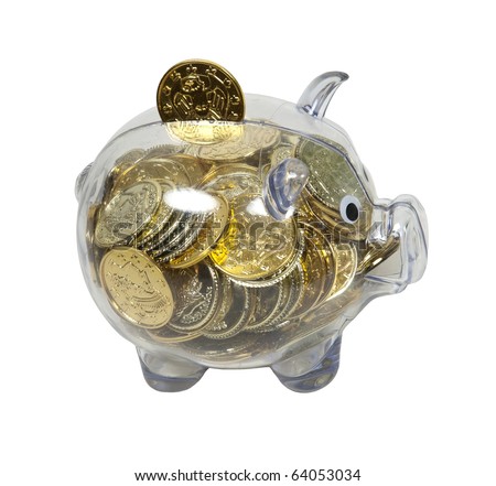 Piggy bank used to save change for a future purchase filled with gold coins - path included