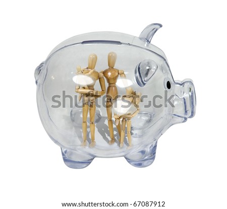 Family savings shown by a piggy bank in profile with a family inside - path included