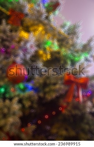 Christmas tree, lights, lights and toys, blurred abstract background
