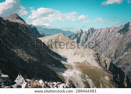 Beautiful valley and peaks in Caucasus mountains, the Main Caucasian ridge. North Caucasus