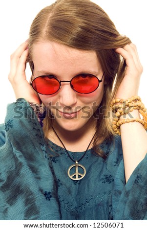 stock photo hippie girl wearing red eyeglasses white background 