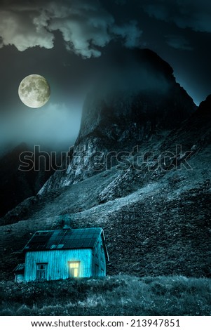 Apocalyptic scenery with rold wooden house and moon