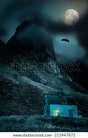 Apocalyptic scenery with rold wooden house and moon