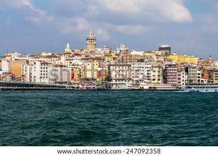 Istanbul, view from the sea to Galata tower and city