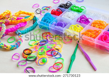 Colorful of elastic rainbow loom bands for needlework