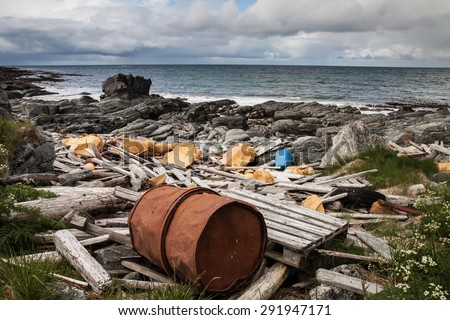 garbage and wastes on the beach of Atlantic ocean, Lofoten, Norway