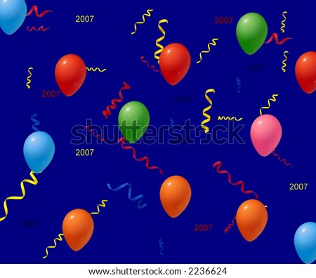 a mixture of balloons and streamers on a dark navy blue background.  dated for new years 2007