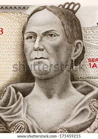 MEXICO - CIRCA 1971: Josefa Ortiz de Dominguez (1773-1829) on 5 Pesos 1971 Banknote from Mexico. Insurgent and supporter of the Mexican war of independence against Spain.