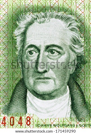 EAST GERMANY - CIRCA 1975: Johann Wolfgang von Goethe (1849-1932) on 20 Marks 1975 Banknote from East Germany. German writer, artist and politician.