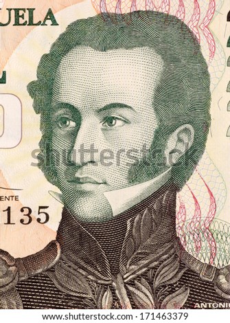VENEZUELA - CIRCA 2000: Antonio Jose De Sucre (1795-1830) on 2000 Bolivares 1998 Banknote from Venezuela. Venezuelan independence leader.