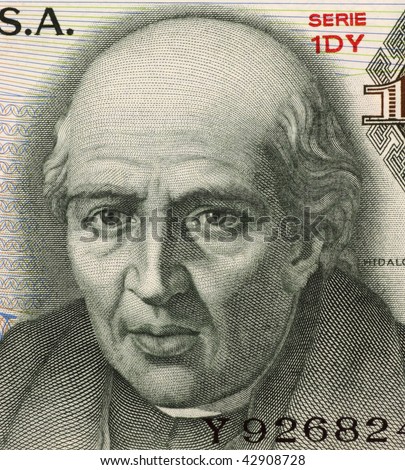 MEXICO - CIRCA 1975: Miguel Hidalgo y Costilla on 10 Pesos 1975 Banknote from Mexico. Priest and leader of the Mexican war of independence. Also known as \'\'father of the nation\'\'.