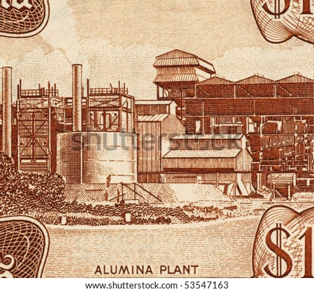 GUYANA - CIRCA 1992: Aluminum Plant on 10 Dollars 1992 Banknote from Guyana.
