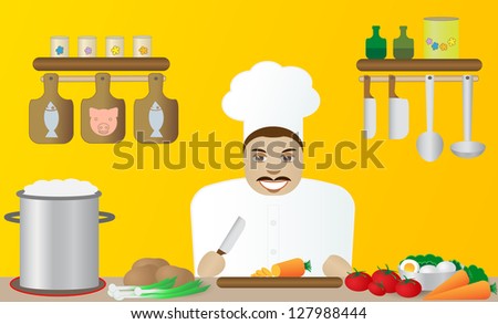 Happy cook in a restaurant. Yellow background.