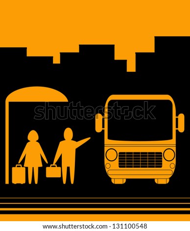 yellow sign with image bus stop and people woman and men