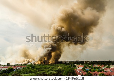 Bangkok, Thailand - May 25, 2014: Forest fires in the city, causing a large flame and smoke in the air is very hot days. Firemen rush to help prevent the spread of fire to the village., In Thailand.