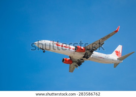 BANGKOK, THAILAND - JUNE 1, 2015: HS-LTK Thai Lion Air Boeing 737-900 landing to Don Mueang International Airport Thailand. Thai Lion Air company is the largest low cost airlines in Asia.