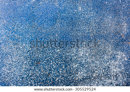 Blue background with white polka dots . Taken from the car bonnet