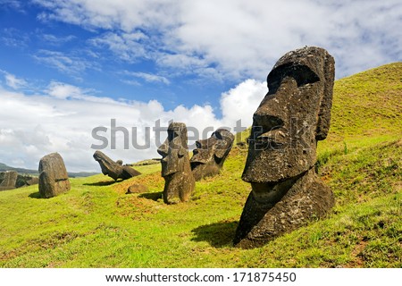 Chile -February 6: Moais In Rapa Nui National Park On The Slopes Of Rano Raruku Volcano On Easter Island, Chile.