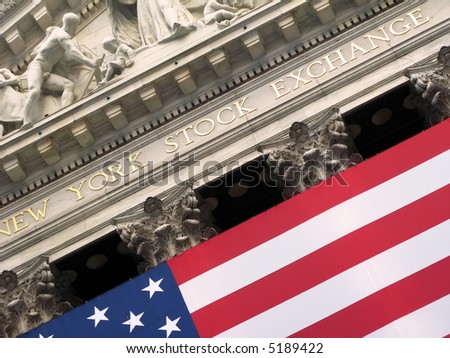 Close up of front of flag draped New York Stock Exchange in New York City.