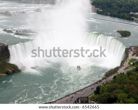 Aerial view of Horseshoe Falls of the Niagara Falls from the Canadian side of the falls.