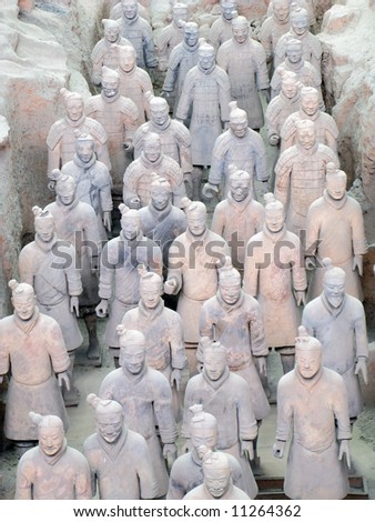 Terracotta Warriors buried with the Emperor of Qin in 209-210 BC in Xian, China.