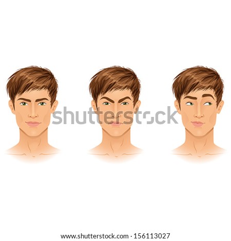 Different Types Of Emotions On Example Of A Handsome Young Brunette Guy: Happy, Angry, Making Choice. Portraits. Isolated Vector Illustrations.