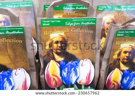 NETHERLANDS - AMSTERDAM - CIRCA FEBRUARY 2014: Bulb bags with the portrait of the painter Rembrandt van Rijn in a market stall at the flower market in Amsterdam.