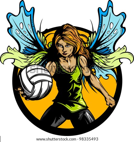 Volleyball Sport Fairy Girl with Wings and Ball Vector Illustration