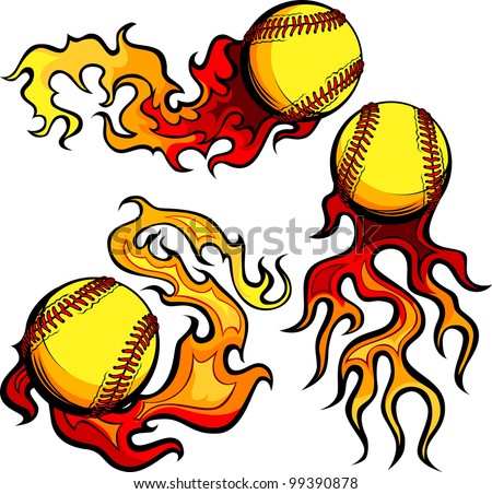 Flaming Graphic Softball Sport Vector Image with Flames