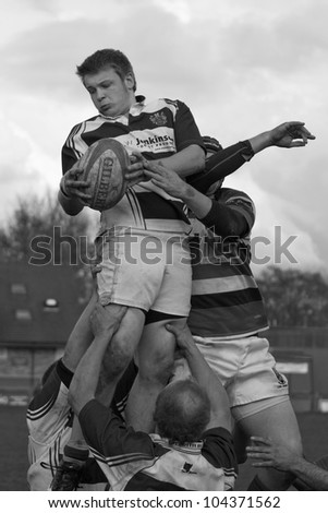PENRITH, ENGLAND - APRIL 21: Unidentified rugby union players contest the ball in a second team match between Penrith and Liverpool St Helens on April 21, 2012, at Winters Park, Penrith, Cumbria.