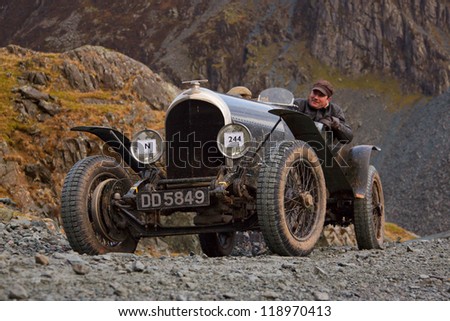 HONISTER PASS, ENGLAND - NOVEMBER 10: A Bentley sports car competes in The Honister Vintage Hill Climb in the English Lake District.  The Vintage Sports Car Club event took place on November 10, 2012.