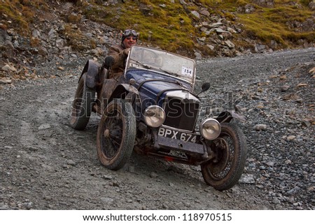 HONISTER PASS, ENGLAND - NOVEMBER 10:  A Riley sports car competes in The Honister Vintage Hill Climb in the English Lake District.  The Vintage Sports Car Club event took place on November 10, 2012.